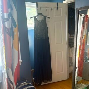 Adrianna Papell dark blue/navy sequin evening maxi dress with slit.
